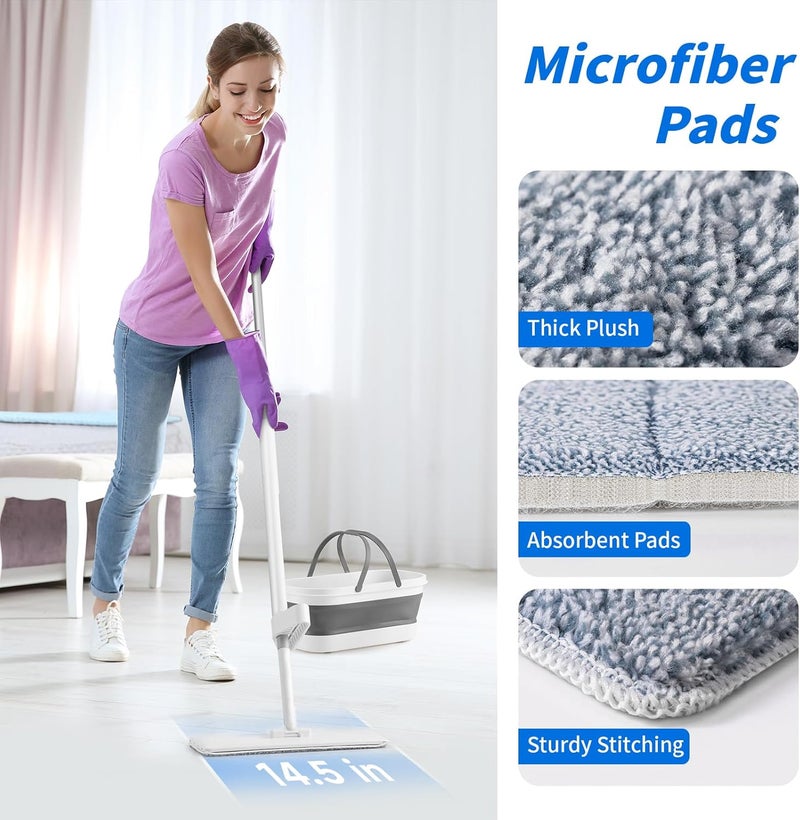 oshang Flat Mop and Collapsible Bucket OG7 with Wheels, 2 Washable Reusable Microfiber Pads, Pure White - Image 5